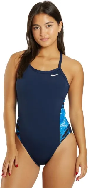 Nike Women's Hydrastrong Multi Print Splice Racerback One Piece Swimsuit Midnight Navy, 36