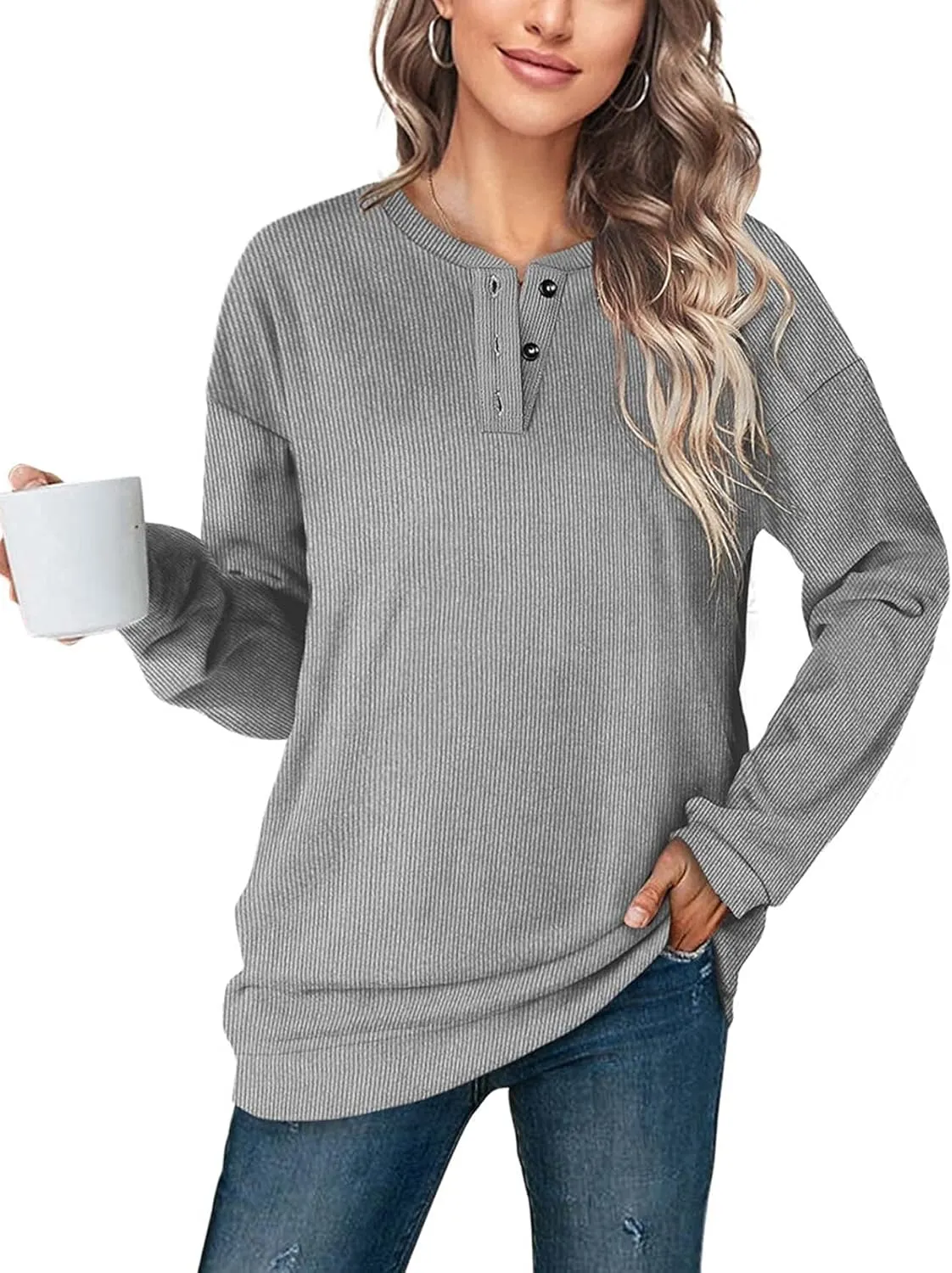 OFEEFAN Womens Casual Sweatshirts Henley Button Up Long Sleeve Tunic Tops