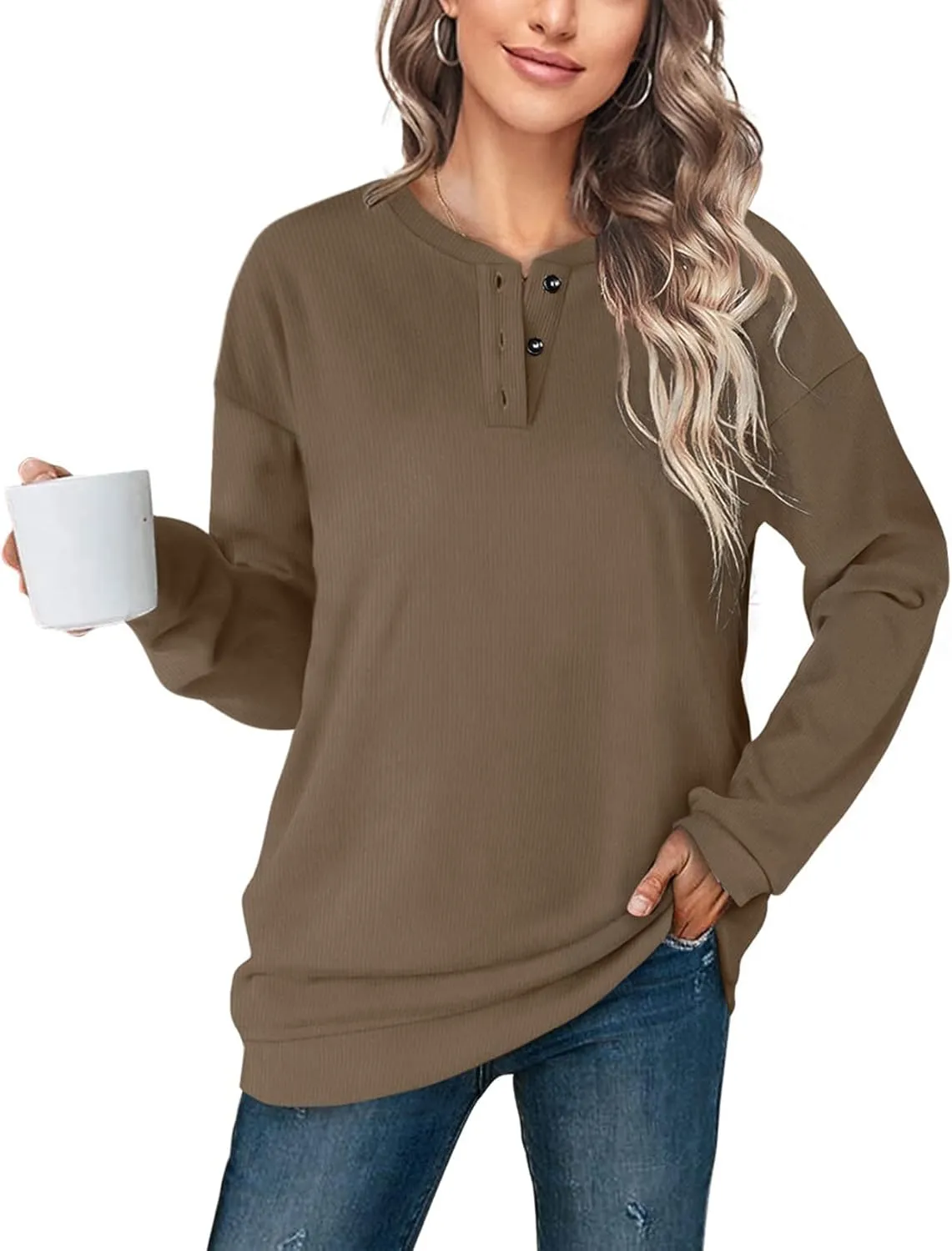 OFEEFAN Womens Casual Sweatshirts Henley Button Up Long Sleeve Tunic Tops