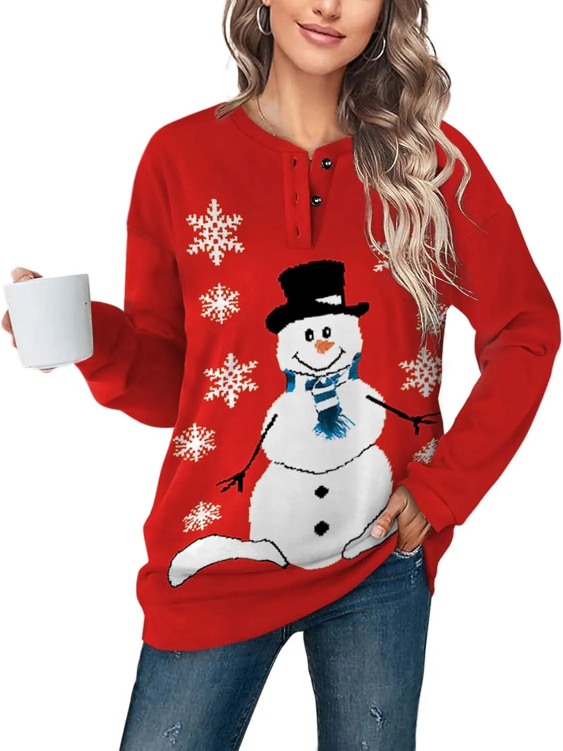 OFEEFAN Womens Casual Sweatshirts Henley Button Up Long Sleeve Tunic Tops