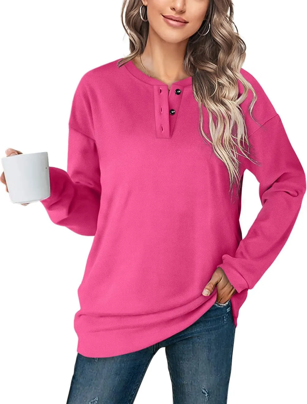 OFEEFAN Womens Casual Sweatshirts Henley Button Up Long Sleeve Tunic Tops