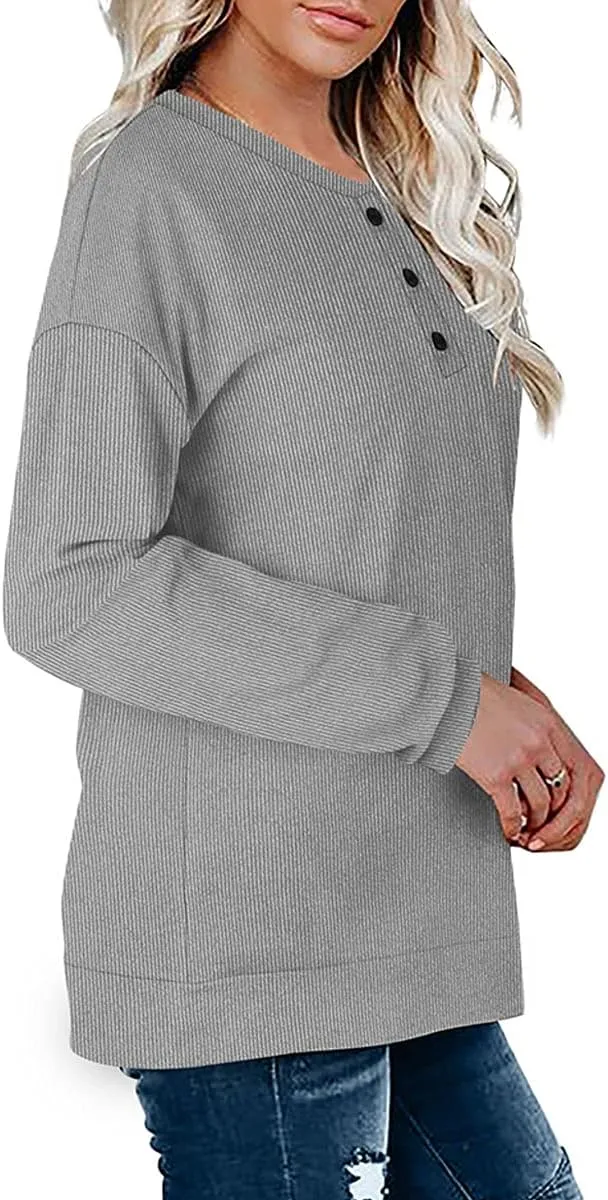 OFEEFAN Womens Casual Sweatshirts Henley Button Up Long Sleeve Tunic Tops