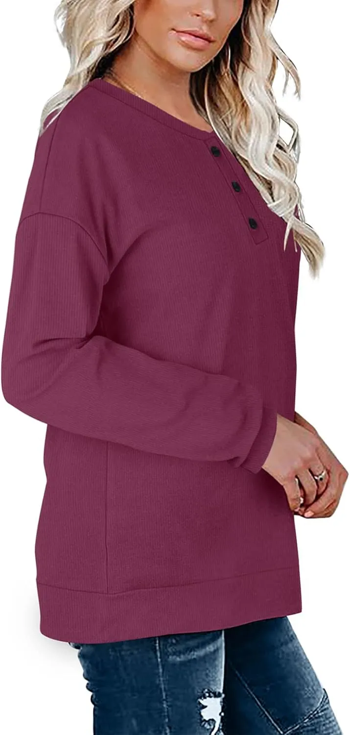 OFEEFAN Womens Casual Sweatshirts Henley Button Up Long Sleeve Tunic Tops