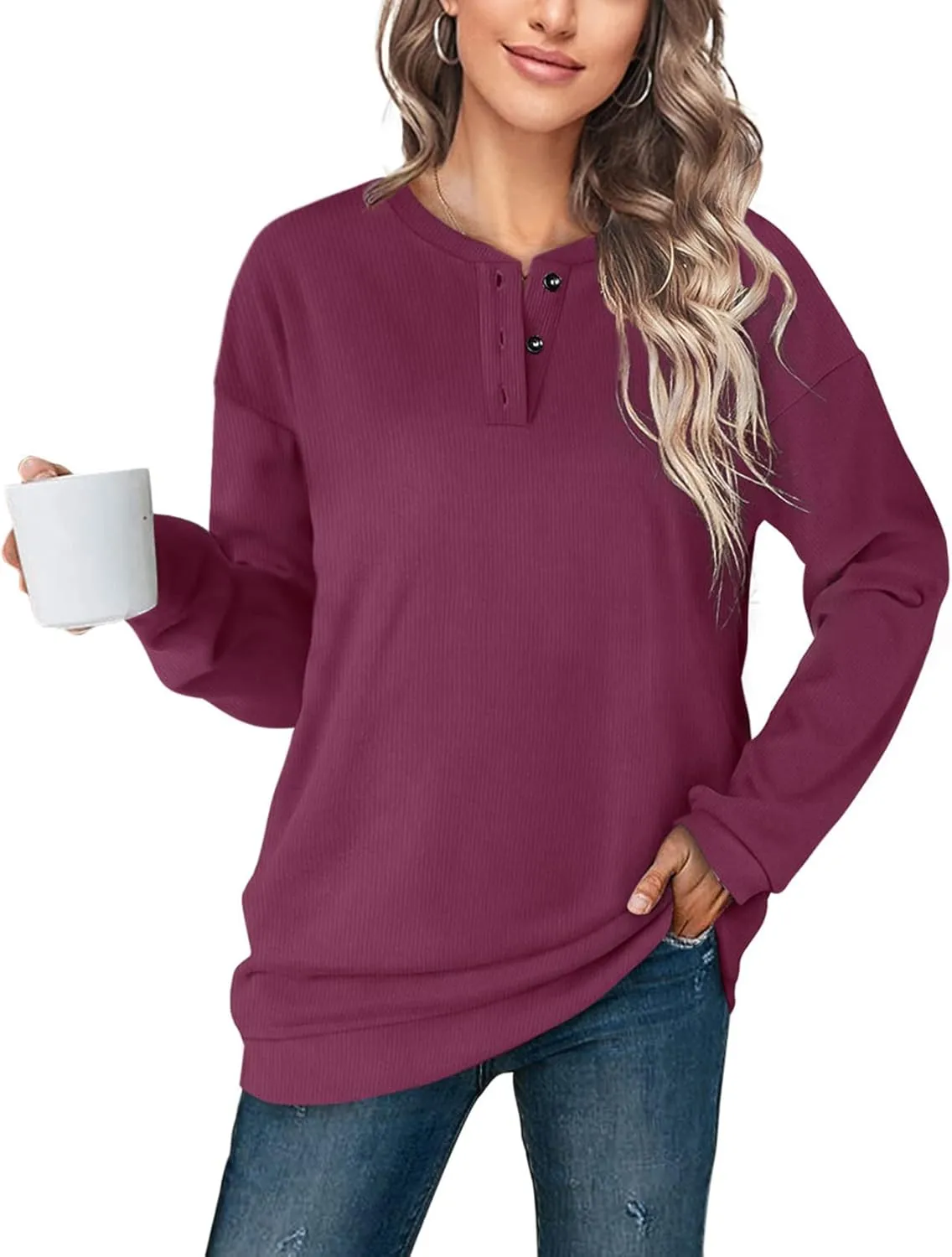 OFEEFAN Womens Casual Sweatshirts Henley Button Up Long Sleeve Tunic Tops