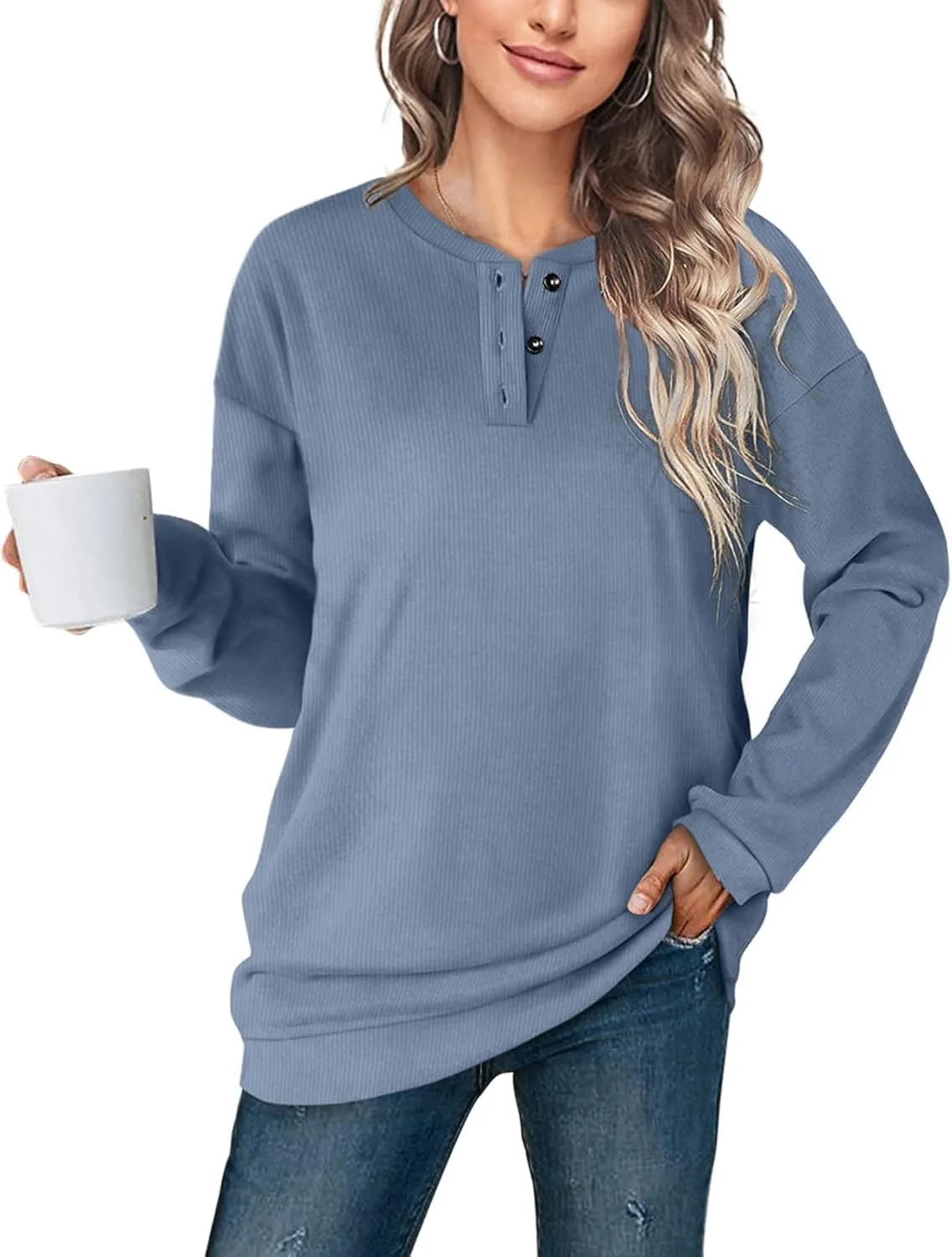 OFEEFAN Womens Casual Sweatshirts Henley Button Up Long Sleeve Tunic Tops