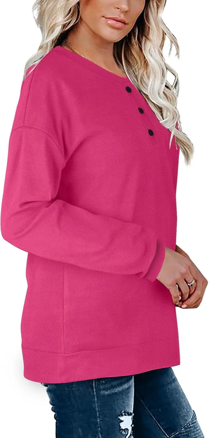 OFEEFAN Womens Casual Sweatshirts Henley Button Up Long Sleeve Tunic Tops