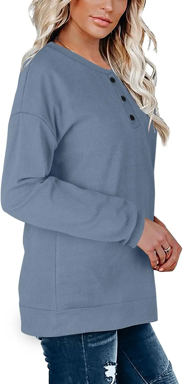 OFEEFAN Womens Casual Sweatshirts Henley Button Up Long Sleeve Tunic Tops