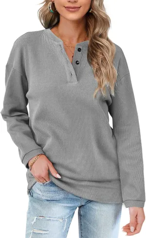 OFEEFAN Womens Casual Sweatshirts Henley Button Up Long Sleeve Tunic Tops