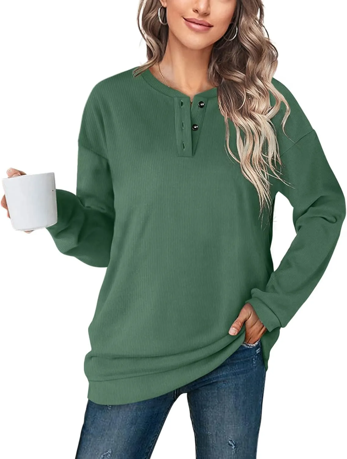 OFEEFAN Womens Casual Sweatshirts Henley Button Up Long Sleeve Tunic Tops