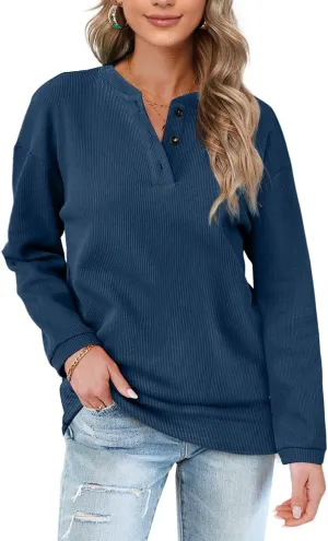 OFEEFAN Womens Casual Sweatshirts Henley Button Up Long Sleeve Tunic Tops