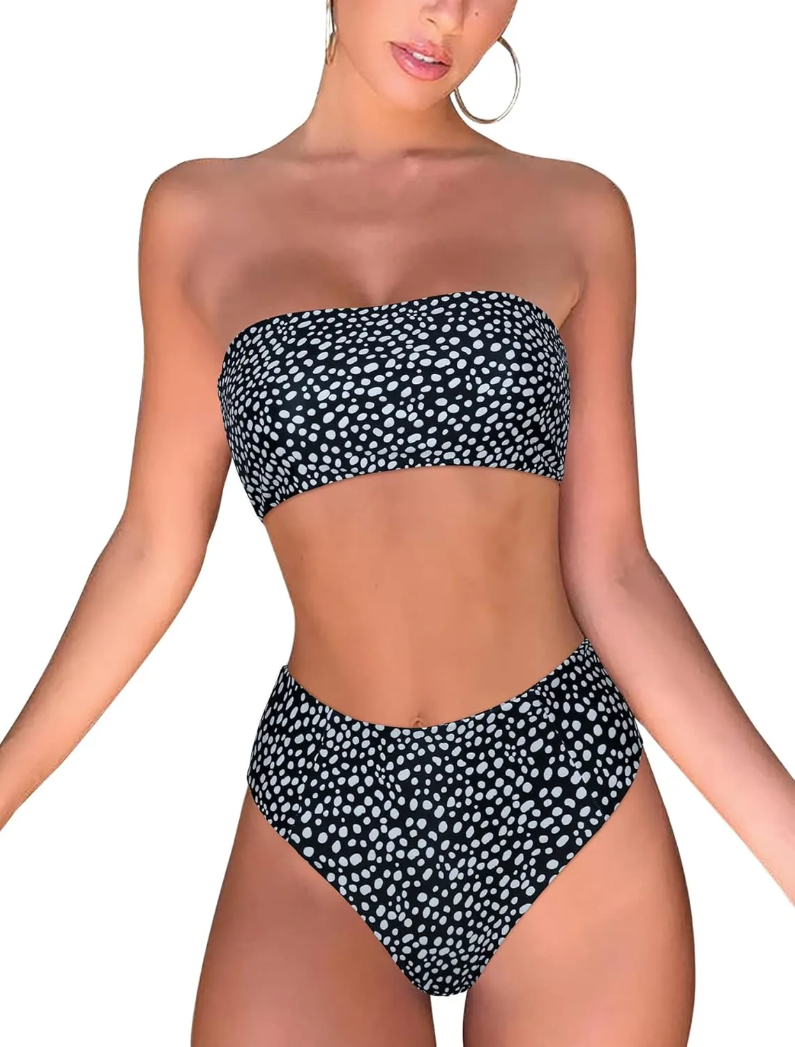OMKAGI Women's 2 Pieces Bandeau Bikini Swimsuits Off Shoulder High Waist Bathing Suit High Cut