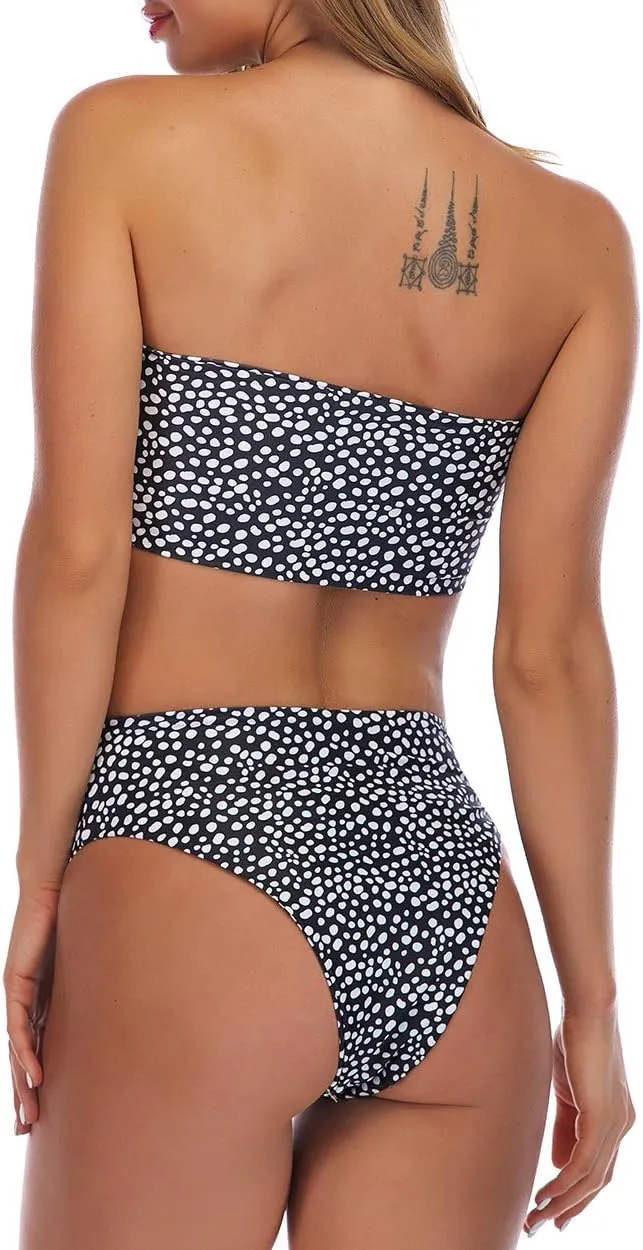 OMKAGI Women's 2 Pieces Bandeau Bikini Swimsuits Off Shoulder High Waist Bathing Suit High Cut