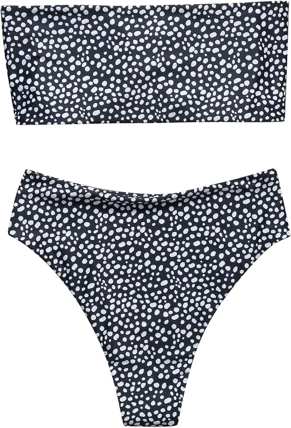 OMKAGI Women's 2 Pieces Bandeau Bikini Swimsuits Off Shoulder High Waist Bathing Suit High Cut