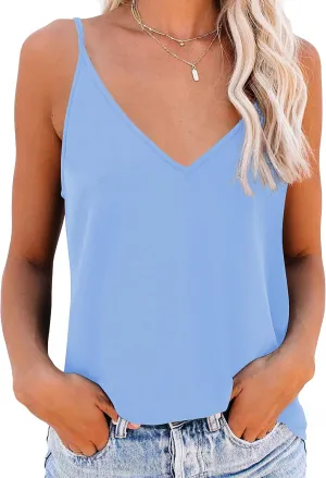 OMSJ Women's Spaghetti Strap Tank Tops V Neck Sleeveless Summer Loose Fit Shirts