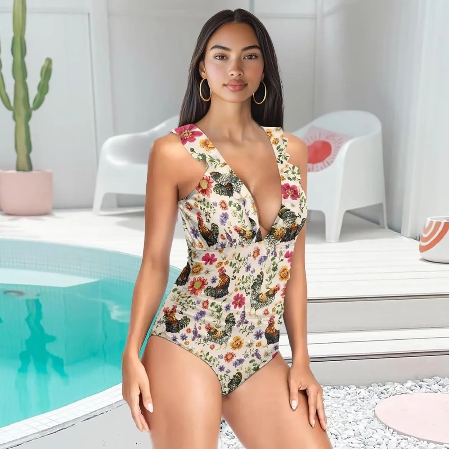 One Piece Animal Print Swimsuits Tummy Control Bathing Suit Low Back Swimsuit V Neck Sport Swimwear