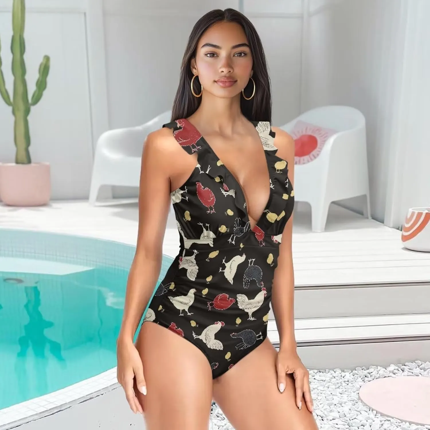 One Piece Animal Print Swimsuits Tummy Control Bathing Suit Low Back Swimsuit V Neck Sport Swimwear