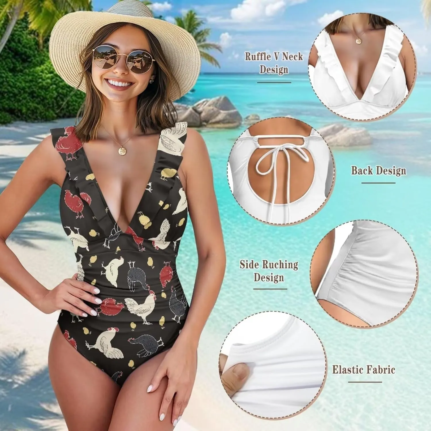 One Piece Animal Print Swimsuits Tummy Control Bathing Suit Low Back Swimsuit V Neck Sport Swimwear