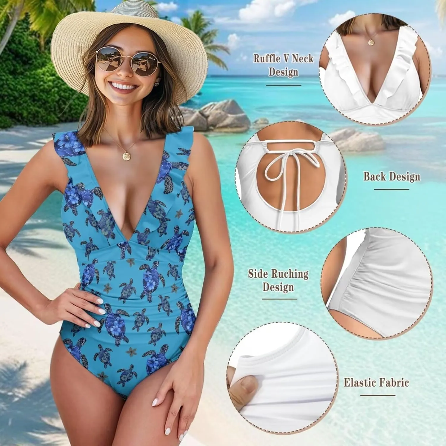 One Piece Animal Print Swimsuits Tummy Control Bathing Suit Low Back Swimsuit V Neck Sport Swimwear