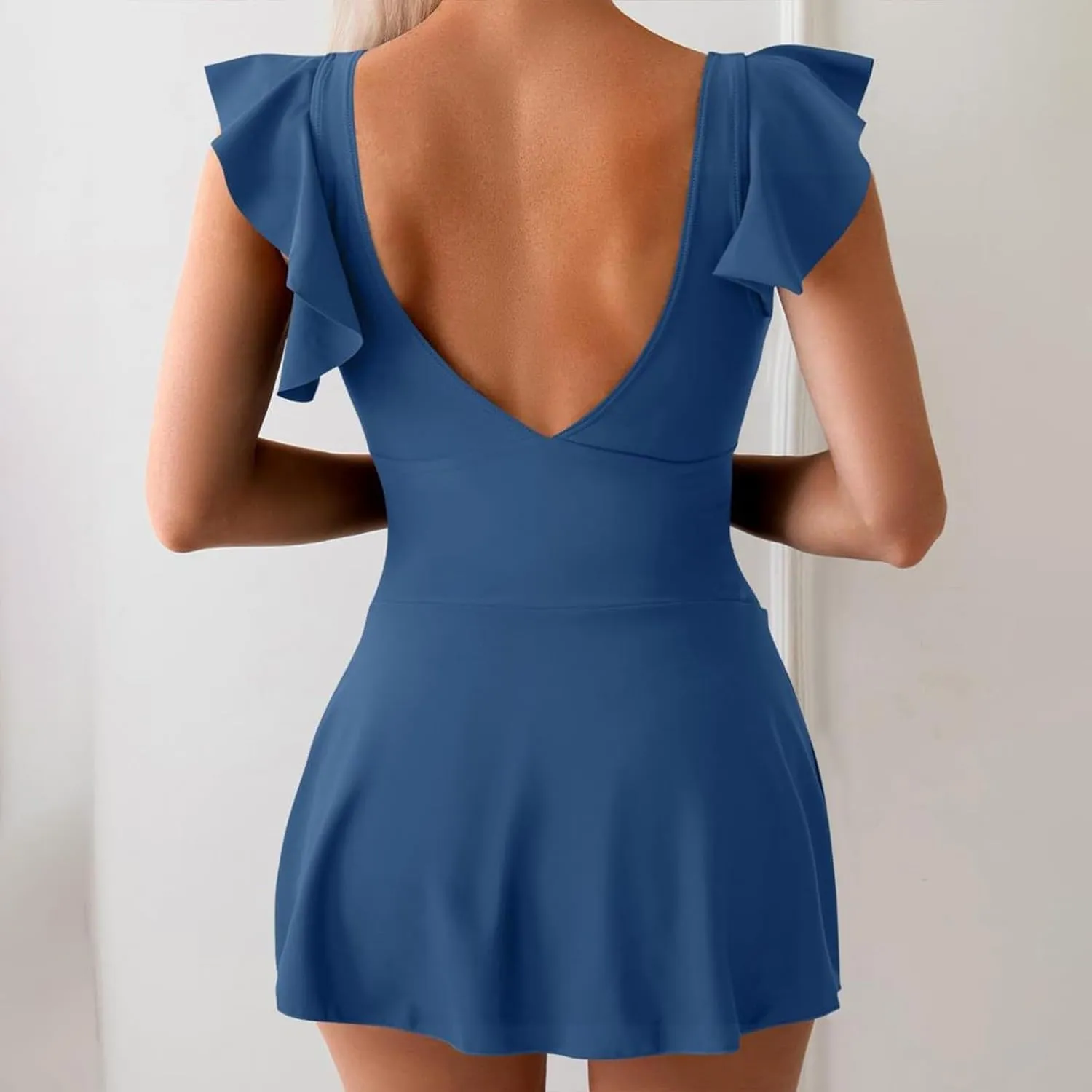 One Piece Swimdress Tummy Control Ruffle Swimsuit for Women Tie Knot Swim Dresses V Neck Bathing Suit Skirts