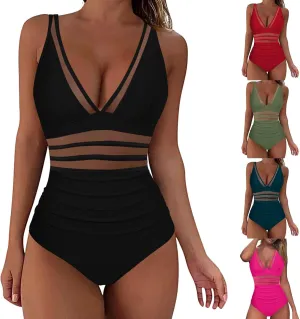 One Piece Swimsuit Women Sexy Mesh Tummy Control Monokini Bathing Suit Plunge V Neck High Waisted Bikini Swimwear