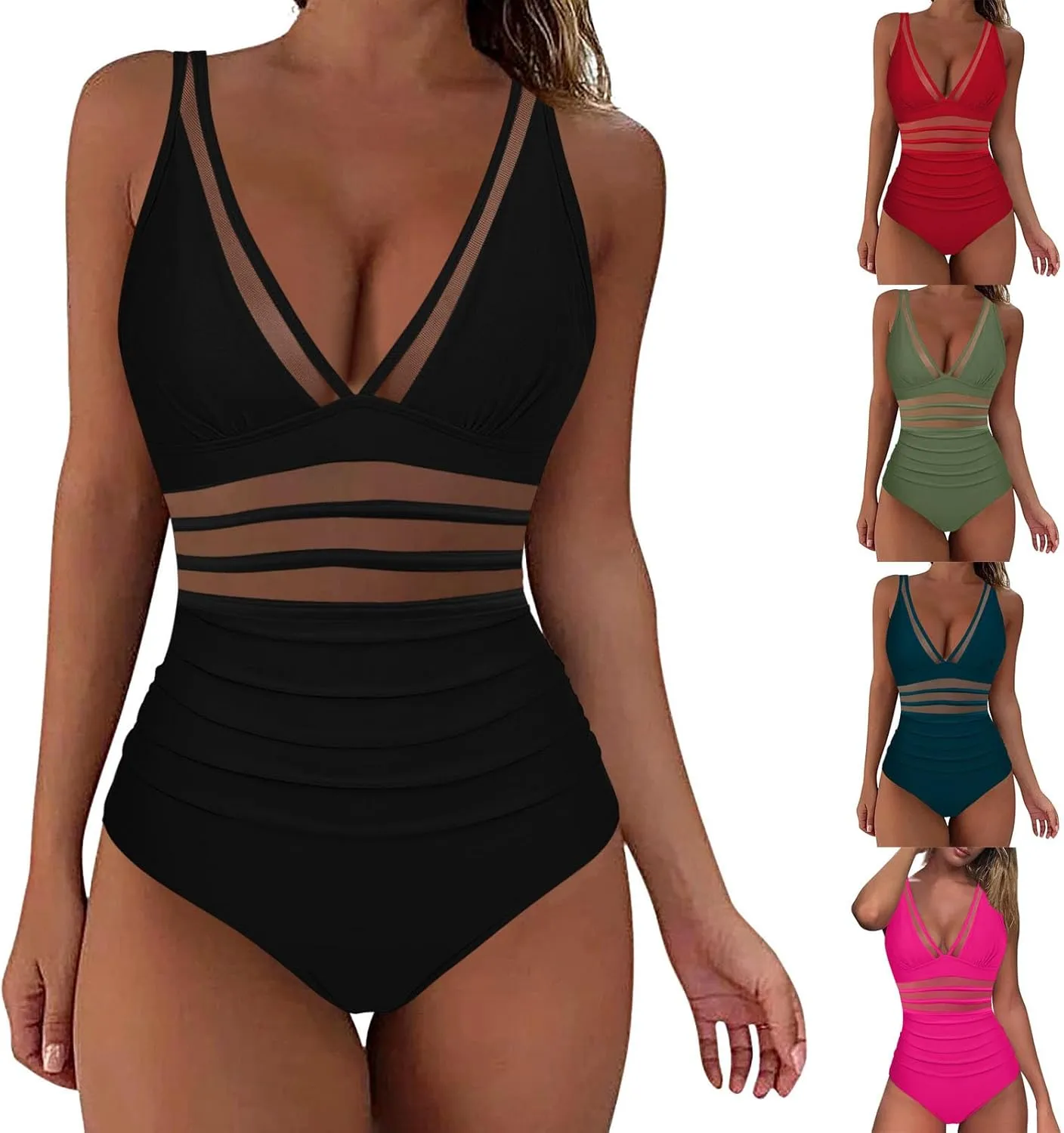 One Piece Swimsuit Women Sexy Mesh Tummy Control Monokini Bathing Suit Plunge V Neck High Waisted Bikini Swimwear