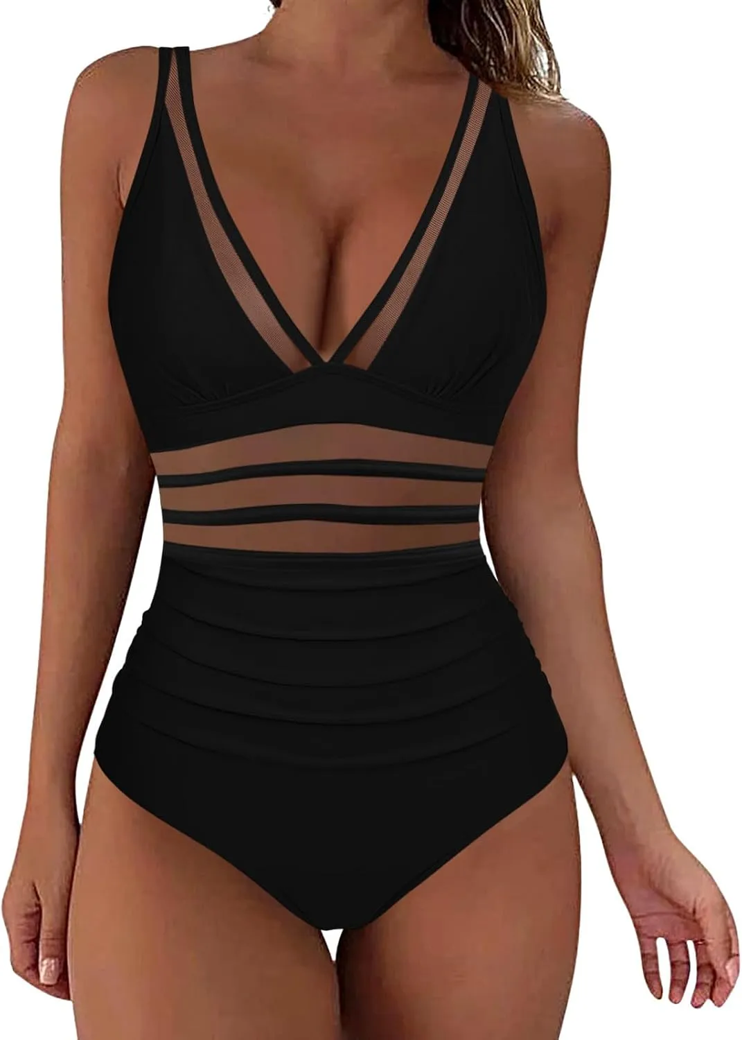 One Piece Swimsuit Women Sexy Mesh Tummy Control Monokini Bathing Suit Plunge V Neck High Waisted Bikini Swimwear