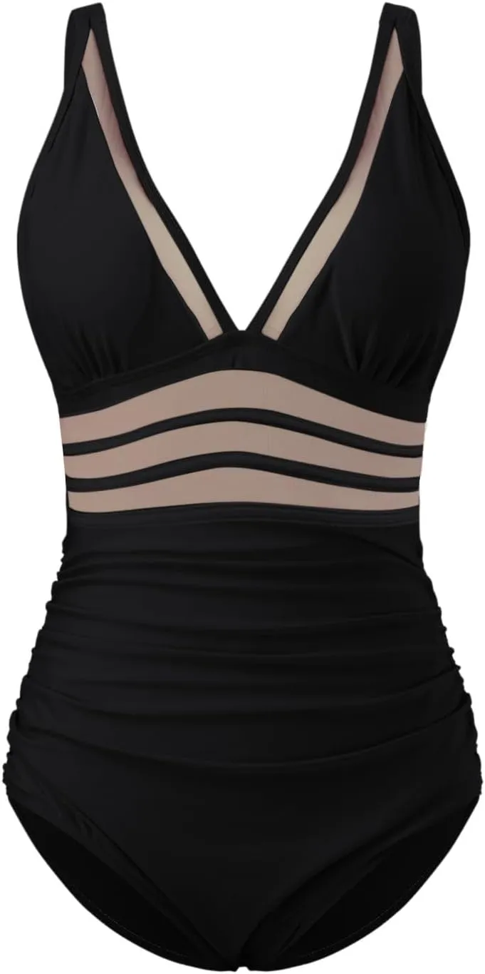 One Piece Swimsuit Women Sexy Mesh Tummy Control Monokini Bathing Suit Plunge V Neck High Waisted Bikini Swimwear