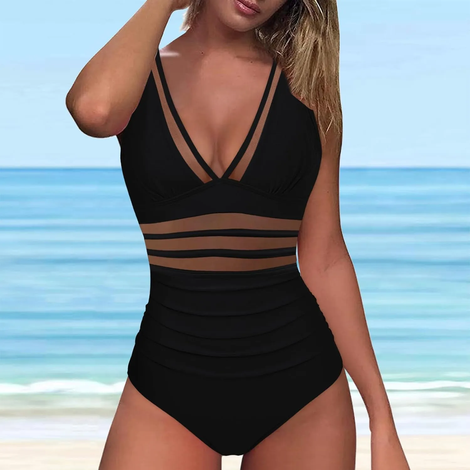 One Piece Swimsuit Women Sexy Mesh Tummy Control Monokini Bathing Suit Plunge V Neck High Waisted Bikini Swimwear