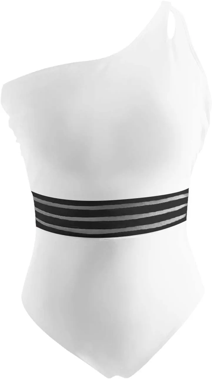 One Shoulder One Piece Swimsuits for Women Sexy Lace Patchwork Swimwear Modest Full Coverage Bathing Suits Surfsuit
