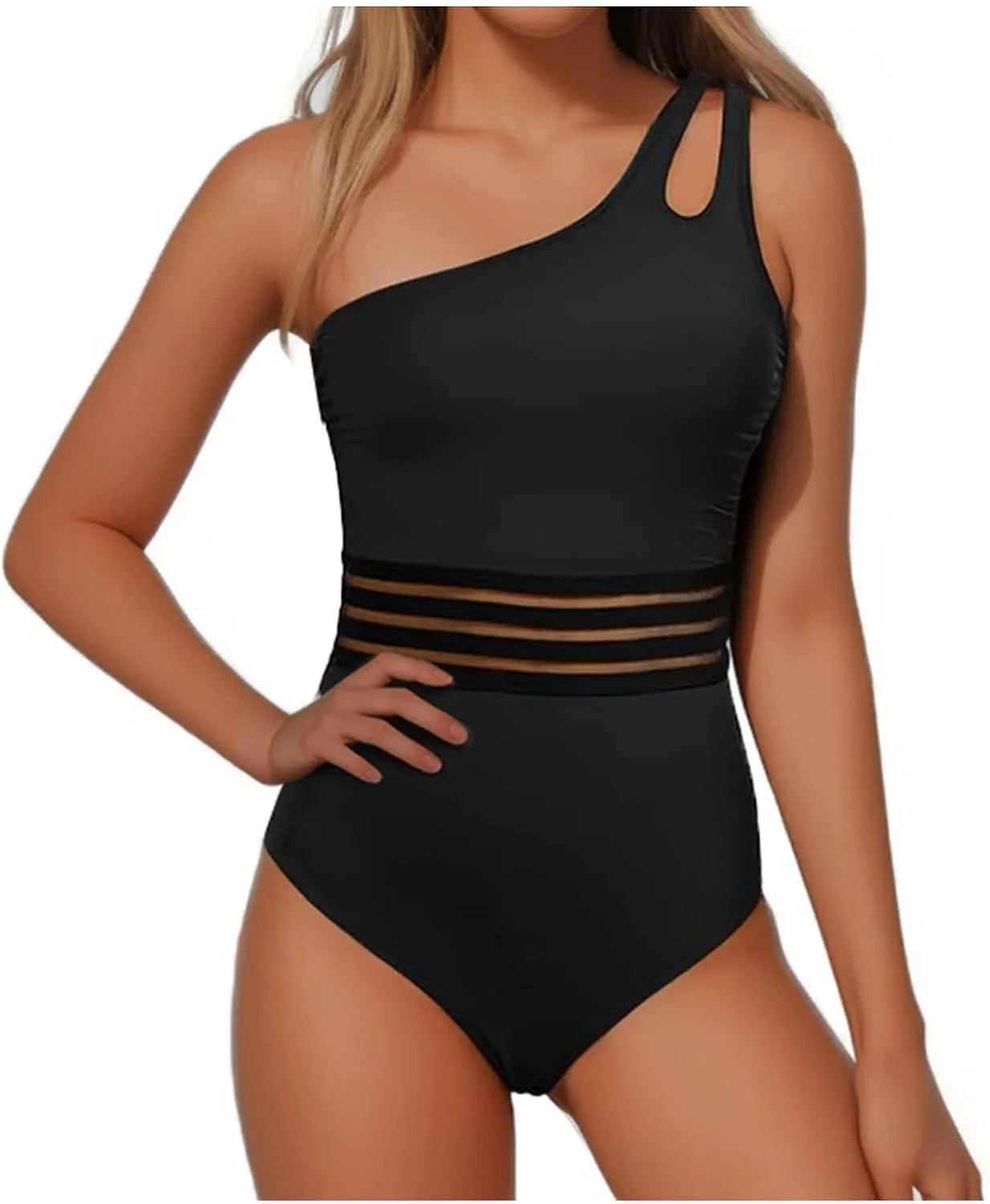One Shoulder One Piece Swimsuits for Women Sexy Lace Patchwork Swimwear Modest Full Coverage Bathing Suits Surfsuit