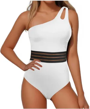 One Shoulder One Piece Swimsuits for Women Sexy Lace Patchwork Swimwear Modest Full Coverage Bathing Suits Surfsuit