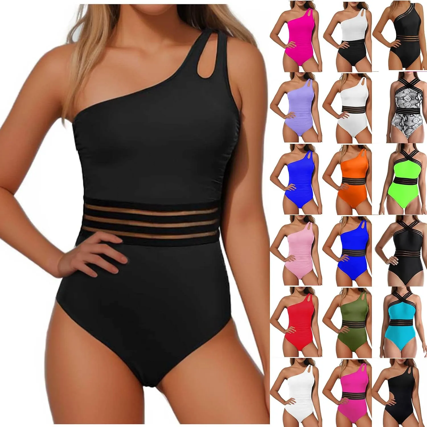 One Shoulder One Piece Swimsuits for Women Sexy Lace Patchwork Swimwear Modest Full Coverage Bathing Suits Surfsuit