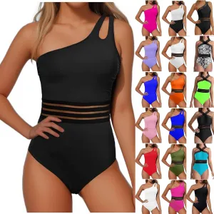 One Shoulder One Piece Swimsuits for Women Sexy Lace Patchwork Swimwear Modest Full Coverage Bathing Suits Surfsuit