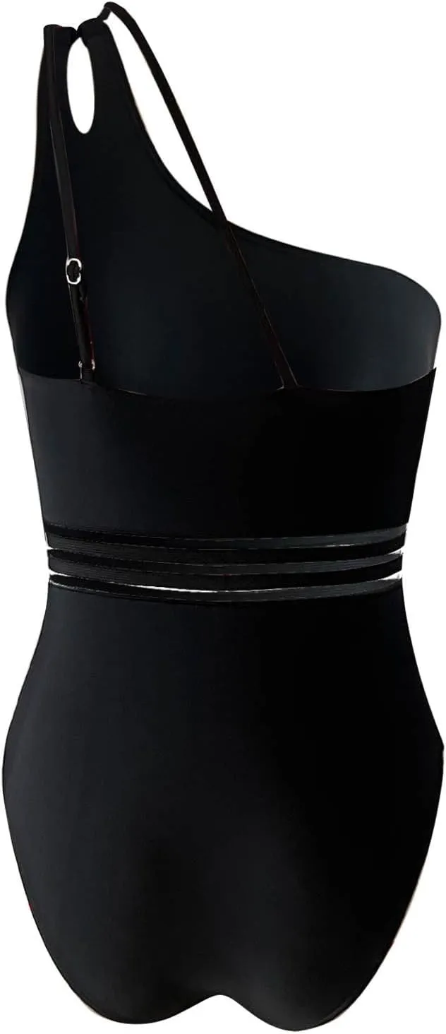 One Shoulder One Piece Swimsuits for Women Sexy Lace Patchwork Swimwear Modest Full Coverage Bathing Suits Surfsuit