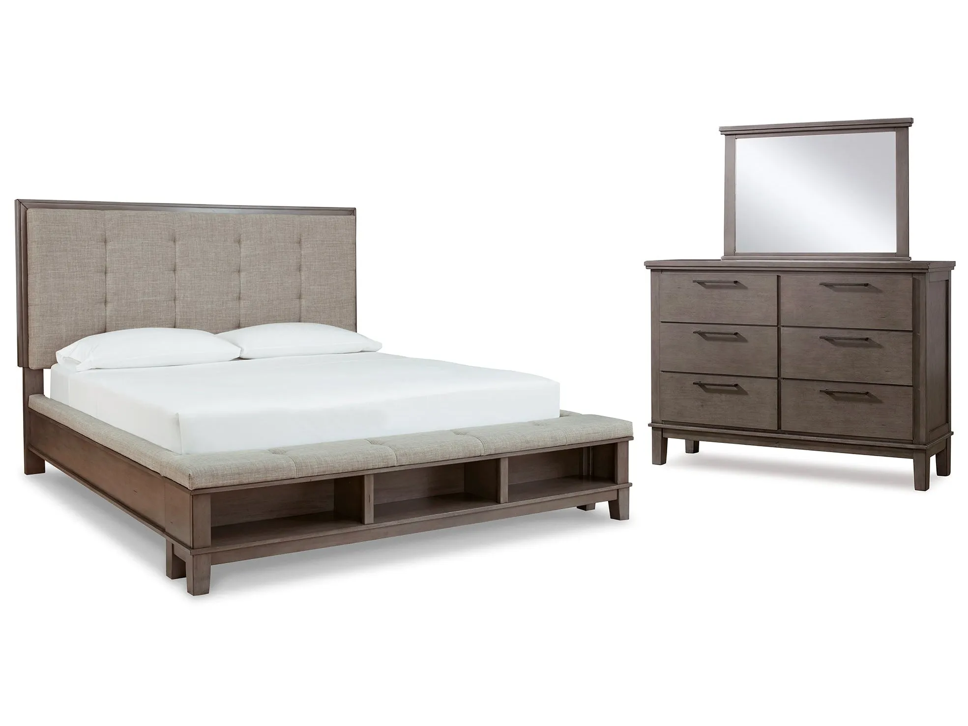 (Online Special Price) Hallanden King Panel Bedroom Set with Storage, Dresser and Mirror