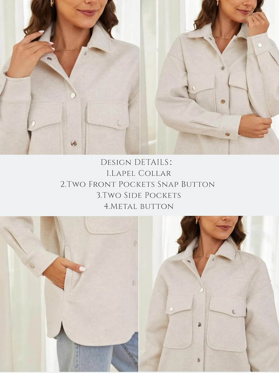 OSTOO Women's 2025 Oversized Lightweight Long Sleeves Shacket Jacket Button Down Wool Blend Coats with Pockets