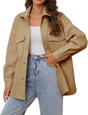 OSTOO Women's 2025 Oversized Lightweight Long Sleeves Shacket Jacket Button Down Wool Blend Coats with Pockets