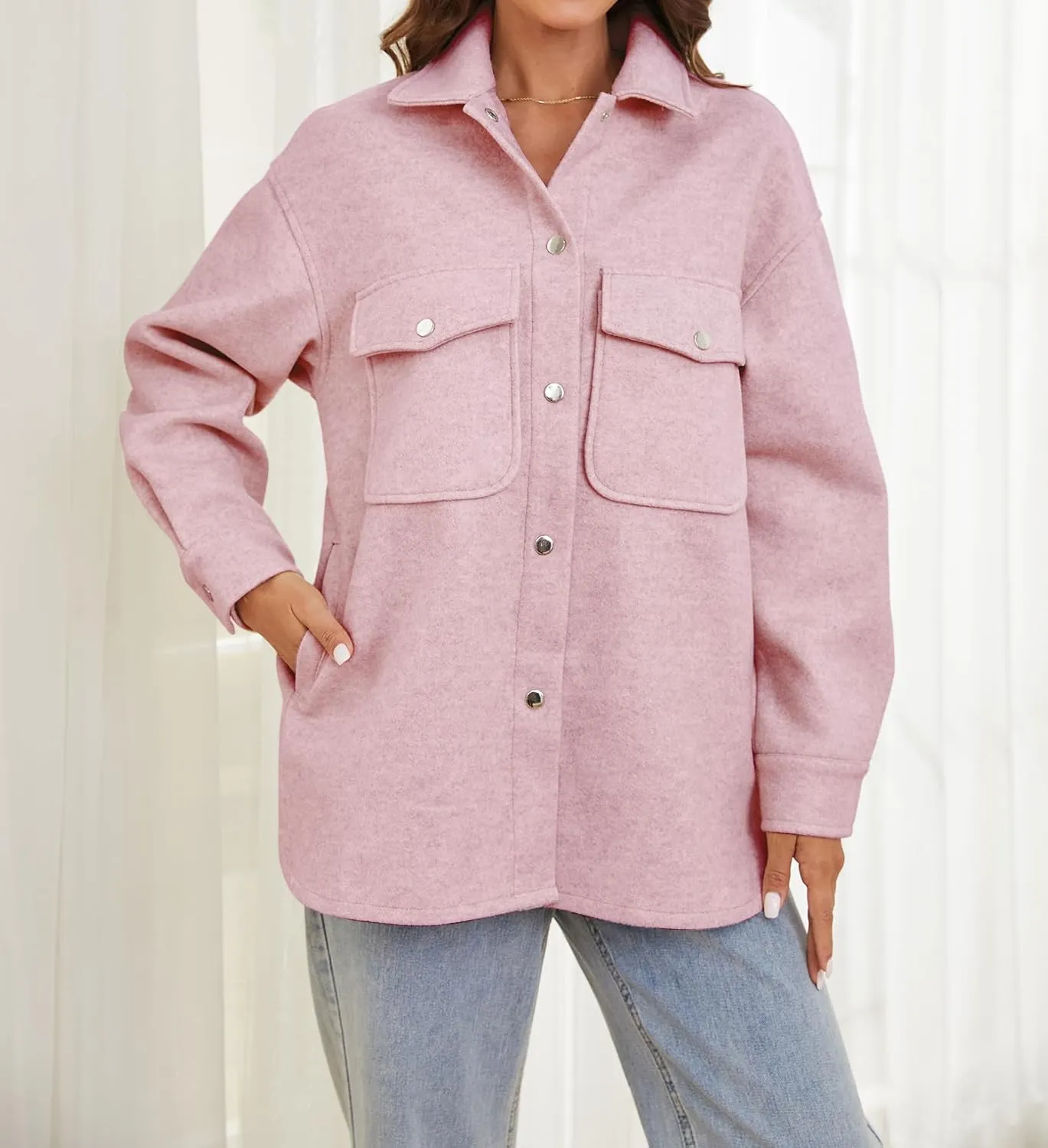 OSTOO Women's 2025 Oversized Lightweight Long Sleeves Shacket Jacket Button Down Wool Blend Coats with Pockets