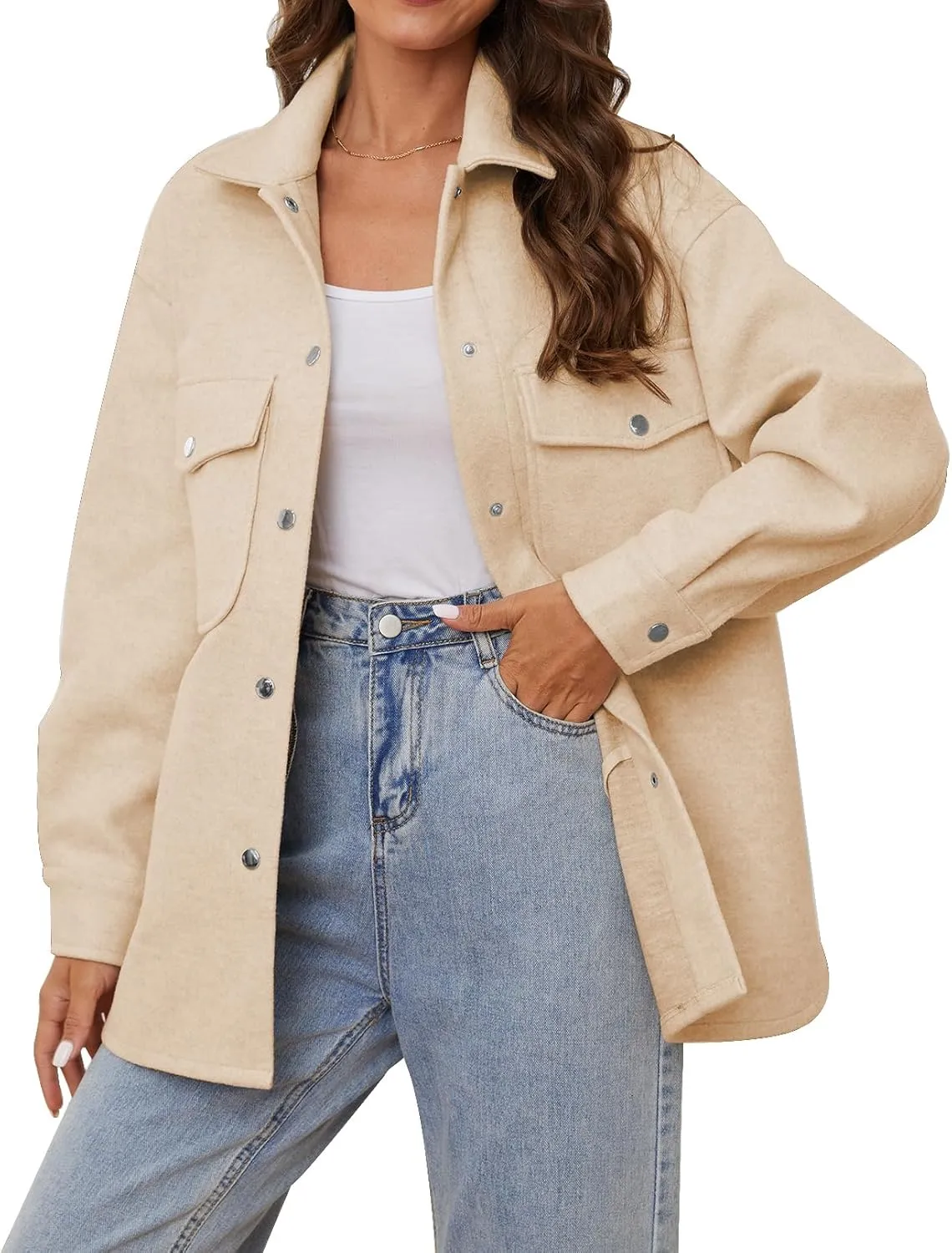 OSTOO Women's 2025 Oversized Lightweight Long Sleeves Shacket Jacket Button Down Wool Blend Coats with Pockets