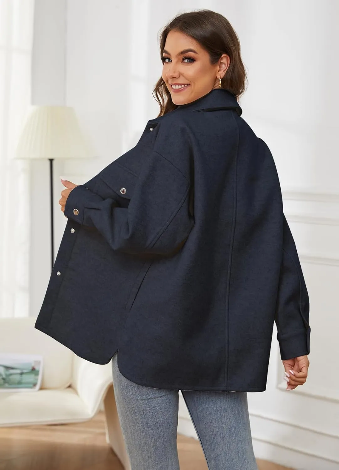 OSTOO Women's 2025 Oversized Lightweight Long Sleeves Shacket Jacket Button Down Wool Blend Coats with Pockets