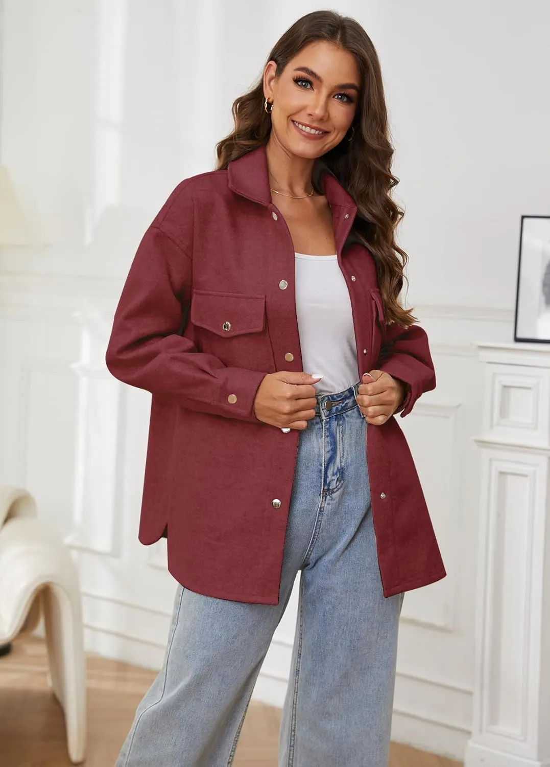 OSTOO Women's 2025 Oversized Lightweight Long Sleeves Shacket Jacket Button Down Wool Blend Coats with Pockets
