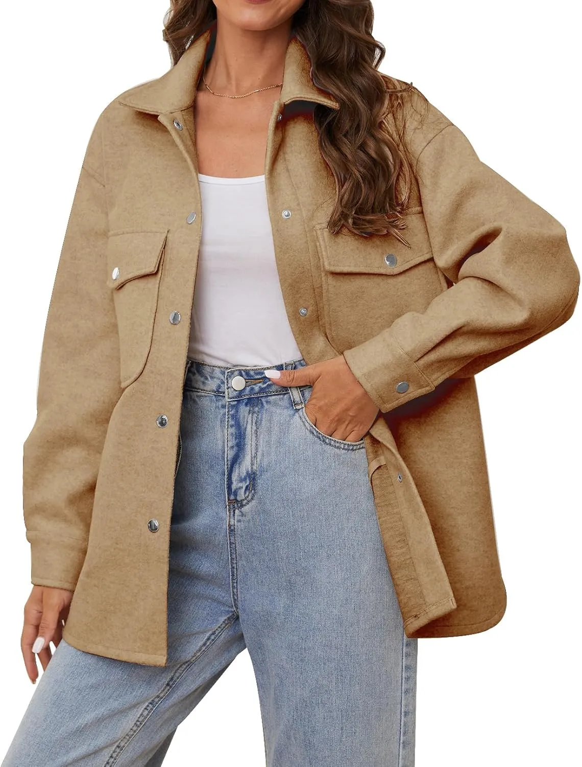 OSTOO Women's 2025 Oversized Lightweight Long Sleeves Shacket Jacket Button Down Wool Blend Coats with Pockets