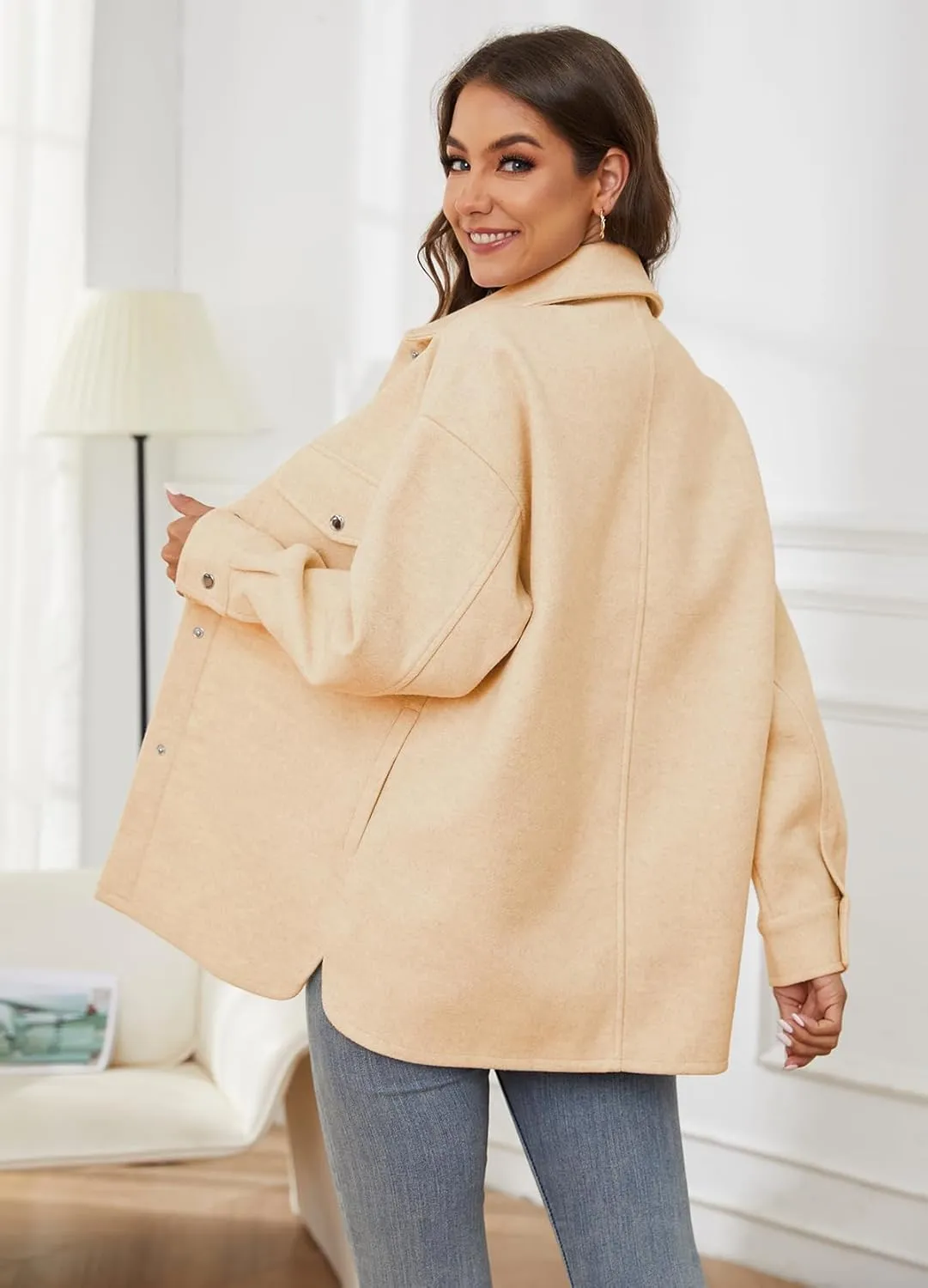 OSTOO Women's 2025 Oversized Lightweight Long Sleeves Shacket Jacket Button Down Wool Blend Coats with Pockets