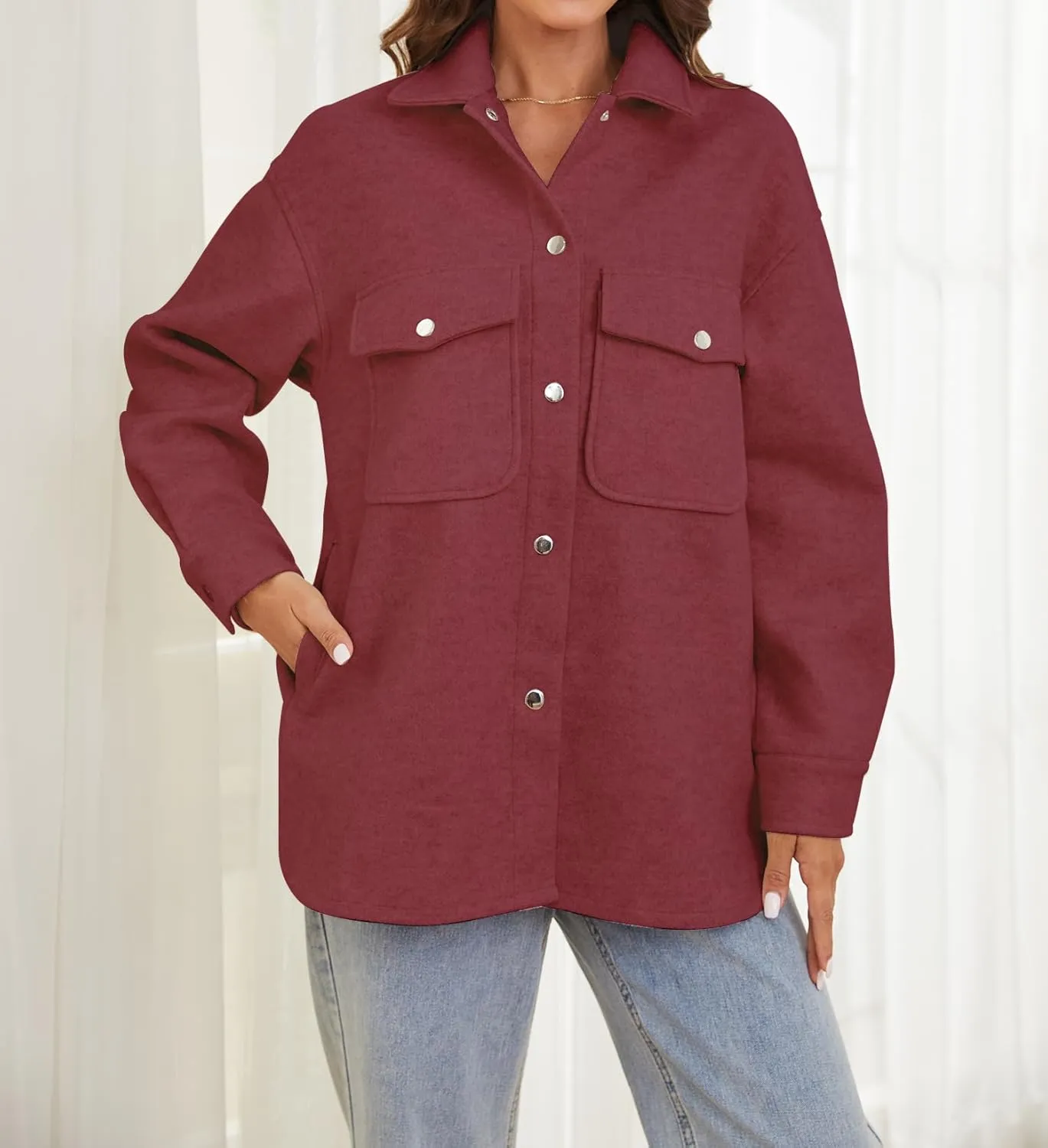 OSTOO Women's 2025 Oversized Lightweight Long Sleeves Shacket Jacket Button Down Wool Blend Coats with Pockets