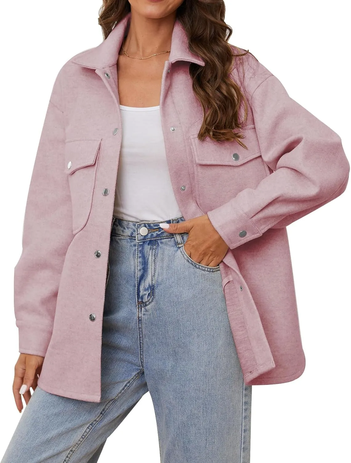 OSTOO Women's 2025 Oversized Lightweight Long Sleeves Shacket Jacket Button Down Wool Blend Coats with Pockets