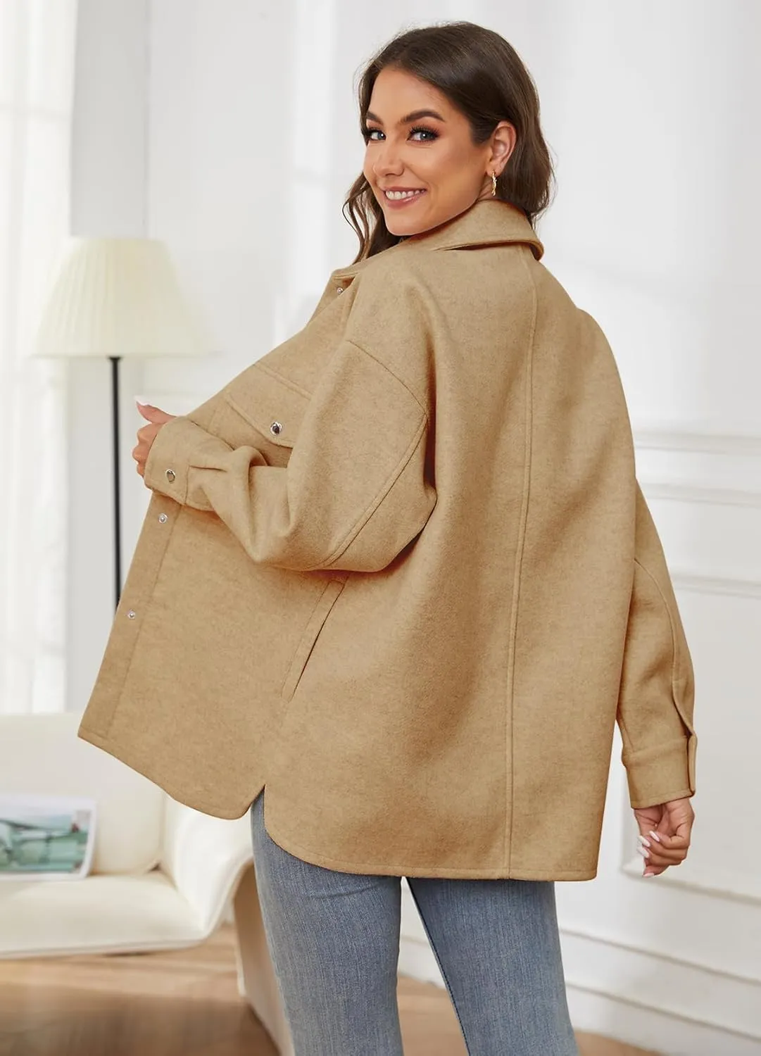 OSTOO Women's 2025 Oversized Lightweight Long Sleeves Shacket Jacket Button Down Wool Blend Coats with Pockets