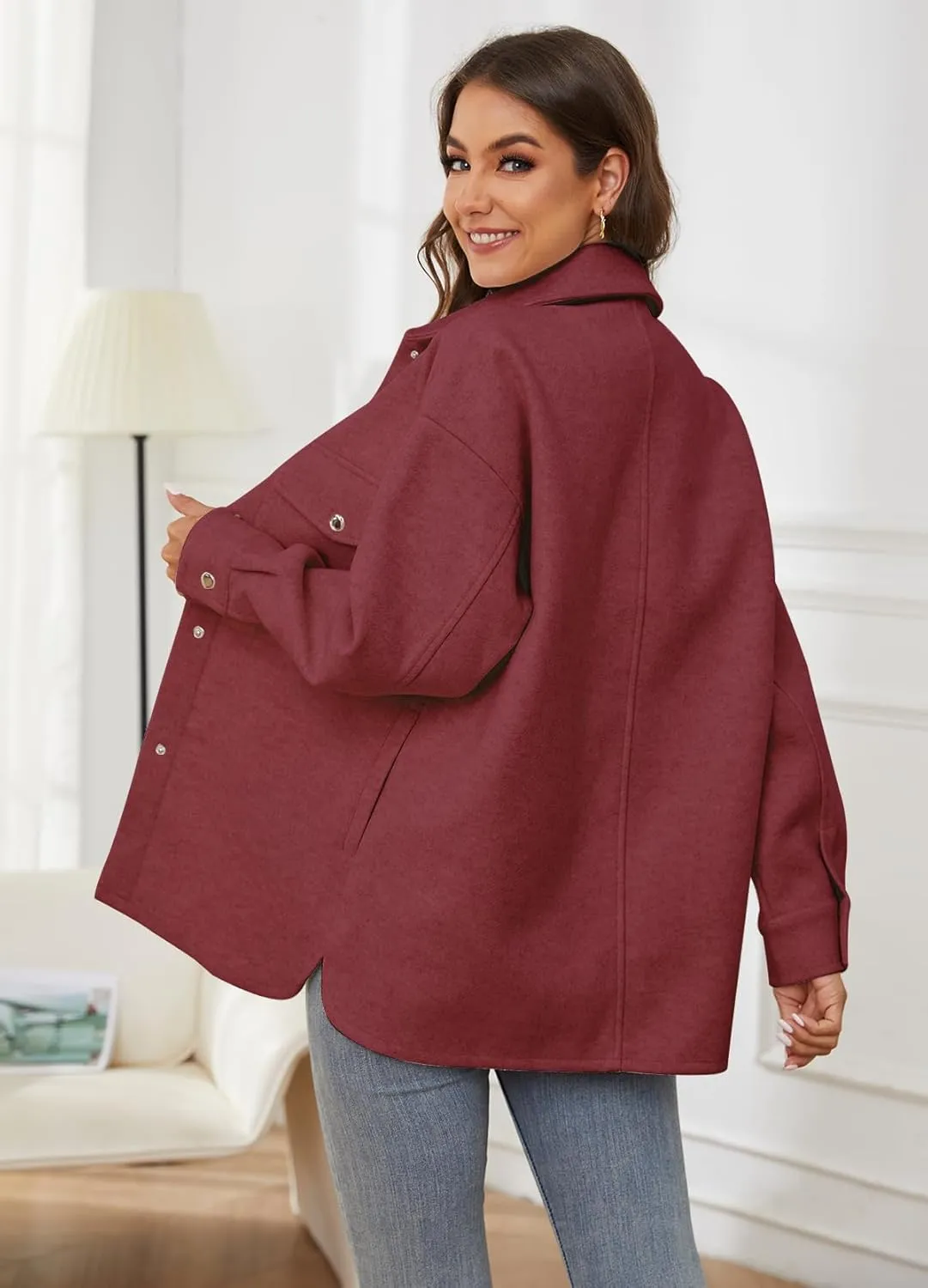 OSTOO Women's 2025 Oversized Lightweight Long Sleeves Shacket Jacket Button Down Wool Blend Coats with Pockets