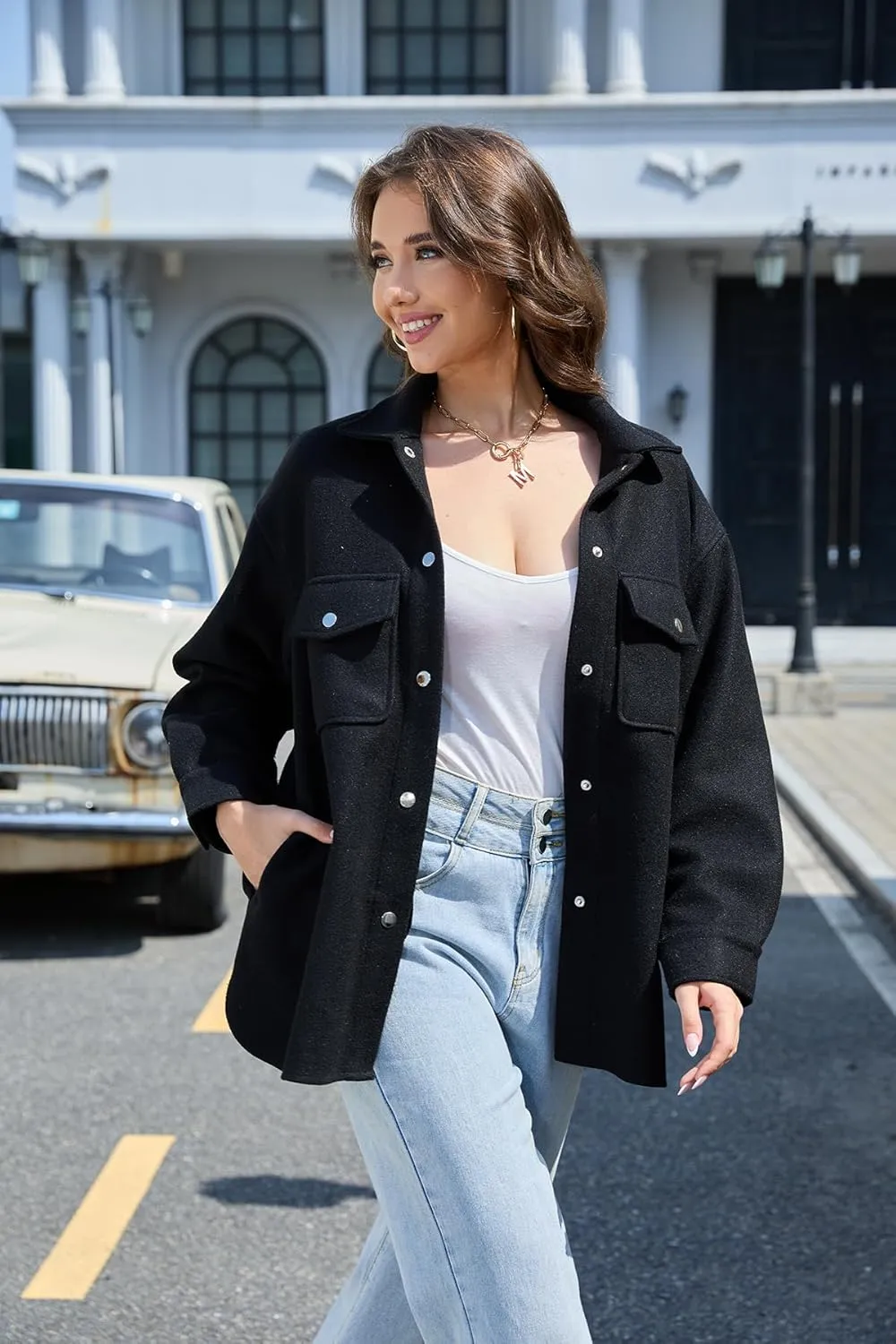 OSTOO Women's 2025 Oversized Lightweight Long Sleeves Shacket Jacket Button Down Wool Blend Coats with Pockets