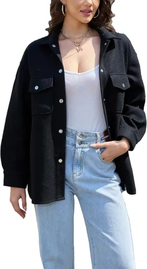 OSTOO Women's 2025 Oversized Lightweight Long Sleeves Shacket Jacket Button Down Wool Blend Coats with Pockets