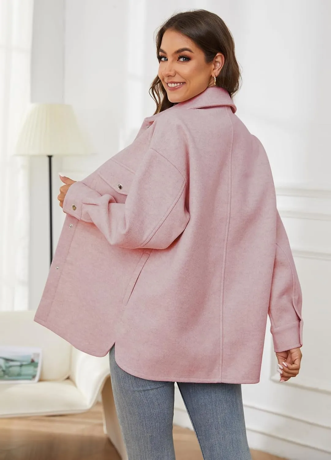 OSTOO Women's 2025 Oversized Lightweight Long Sleeves Shacket Jacket Button Down Wool Blend Coats with Pockets